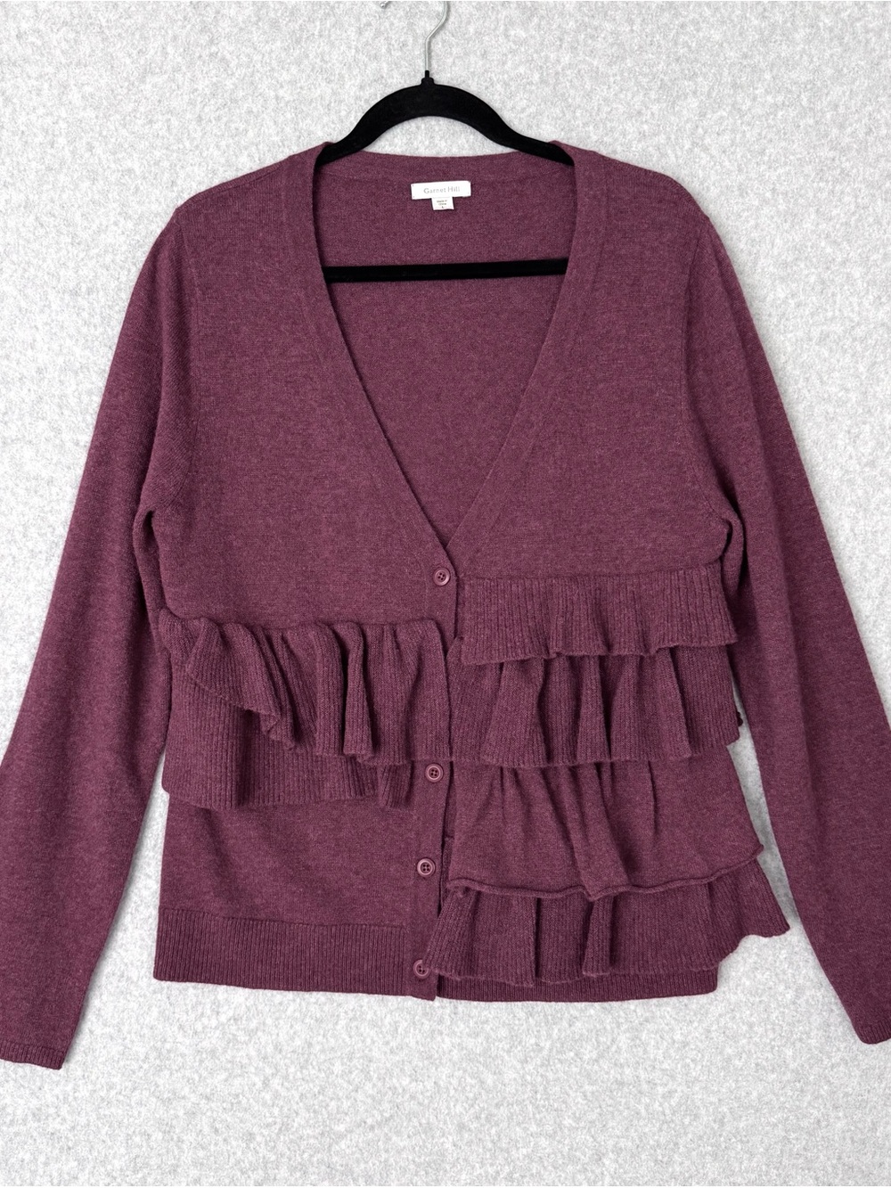 Garnet Hill Cardigan Sweater Large Burgundy Purple Red Wool V-neck Ruffle Front